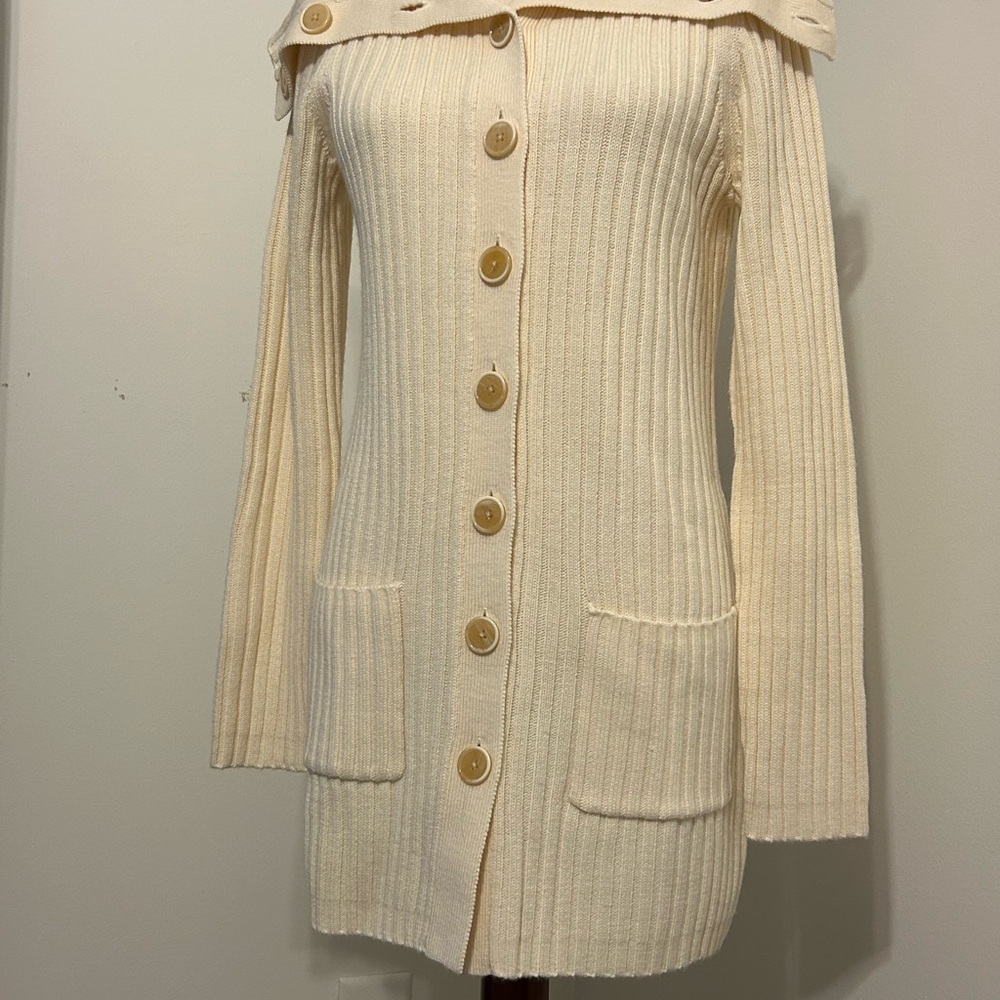 Cream Long Cardigan Sweater with Ribbed Texture